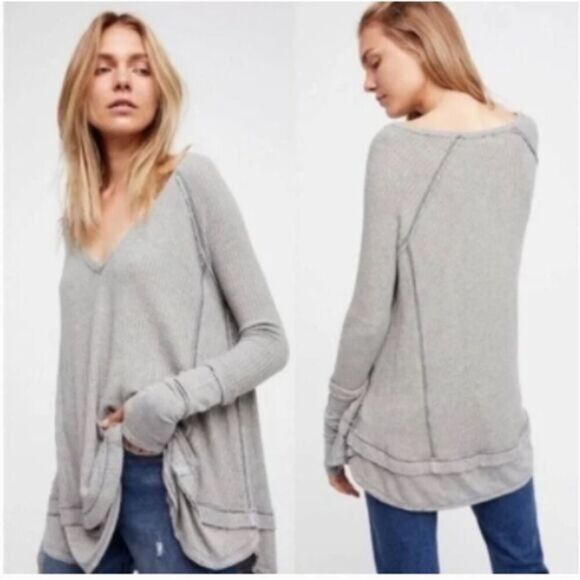 Free People Womens Laguna Thermal Waffle Knit Tunic‎ Top Size XS V-Neck FLAW - Picture 1 of 8